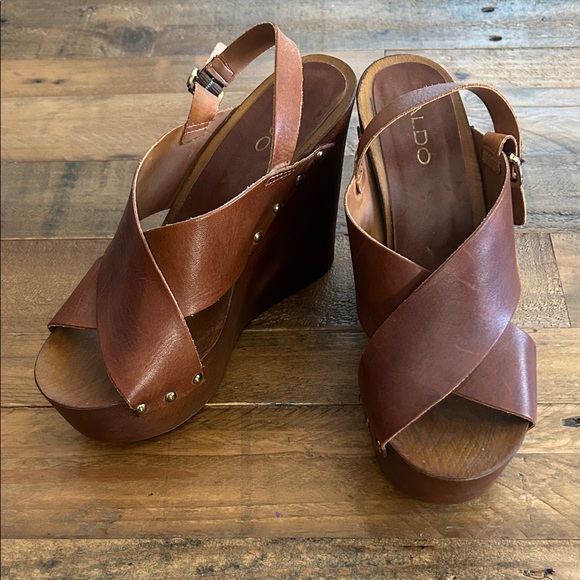 Aldo Women's Tan Leather Wedge Sandals - Picture 1 of 5